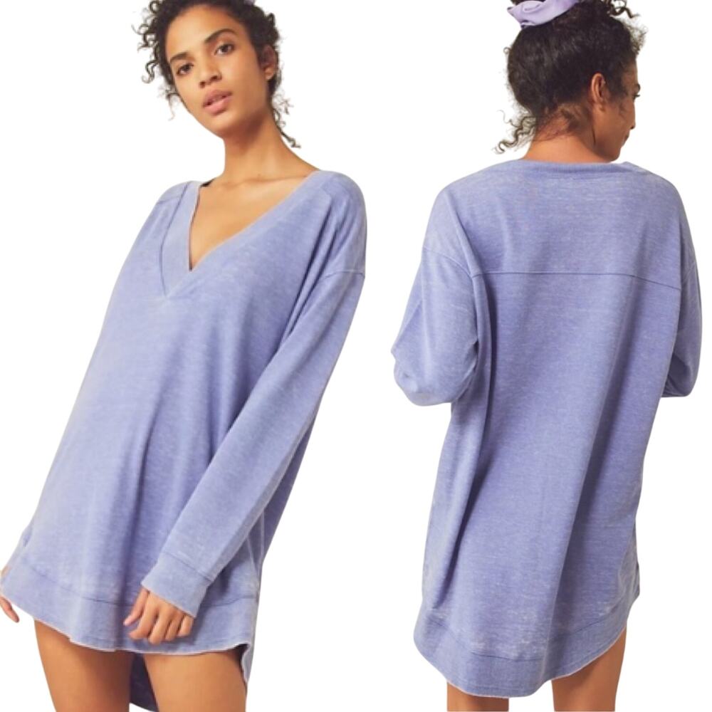 Free People Cozy Cool Girl Sleep Pullover Knit Tunic V Neck Cotton Purple Small
